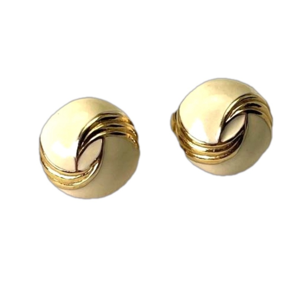 Vintage Small Dome Style Gold and Cream Enamel Clip On Earrings